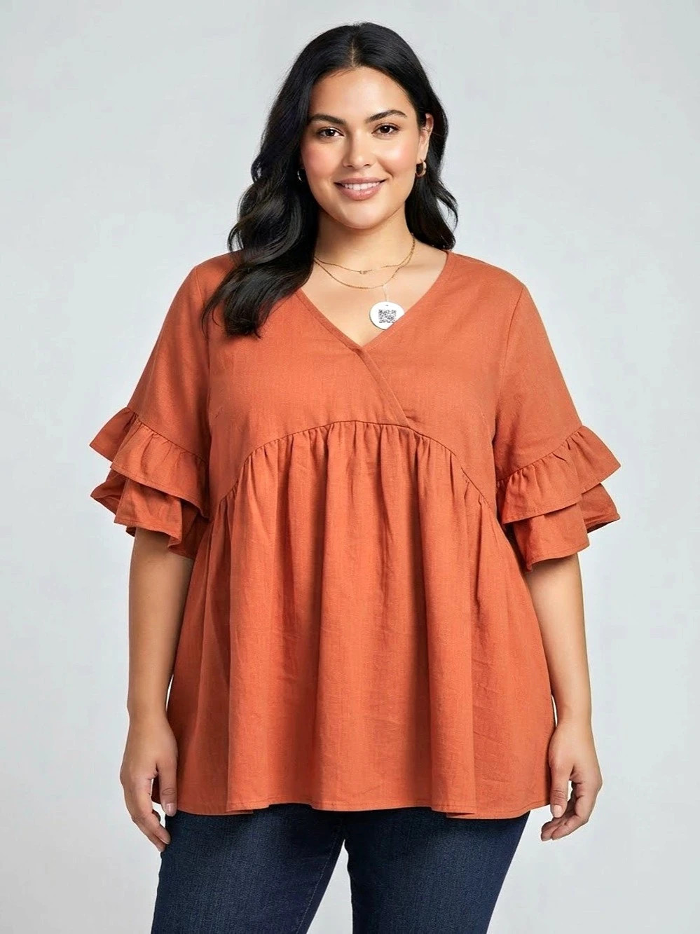 Plus Size Ruffle Sleeve 70% Cotton Tunic in Orange 2XL New
